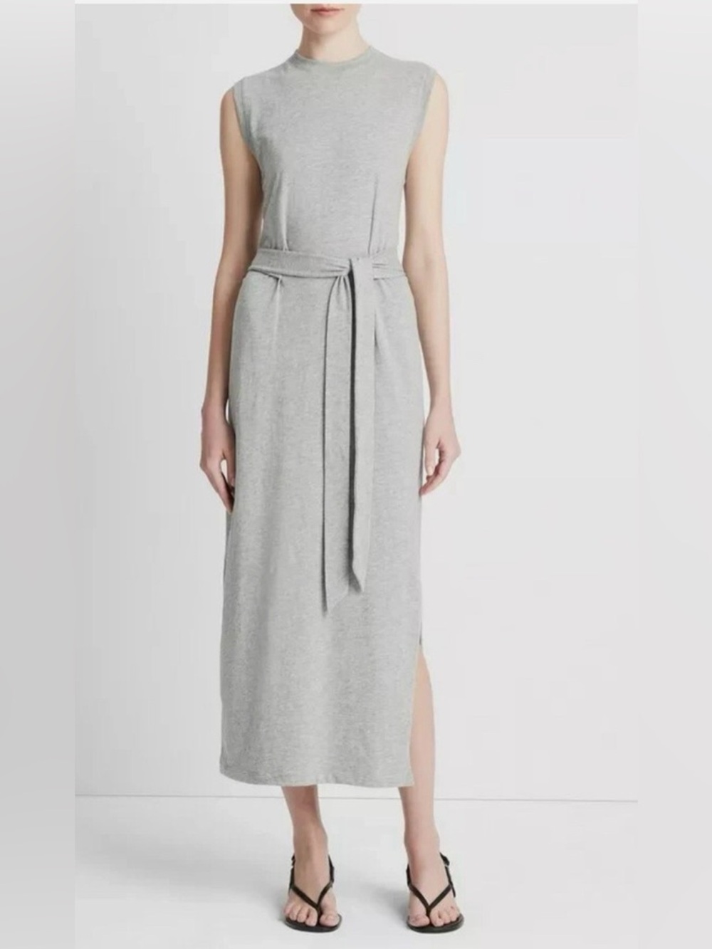 Vince Wrap Waist Sleeveless Cotton Side Slit Midi Dress Gray Size XS